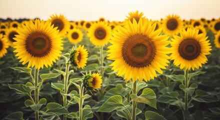 Fototapeta premium Scenic sunflower field with vibrant yellow petals and green leaves during a warm summer day.