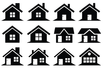 Fototapeta premium Black and white house icon set representing different architectural styles and designs