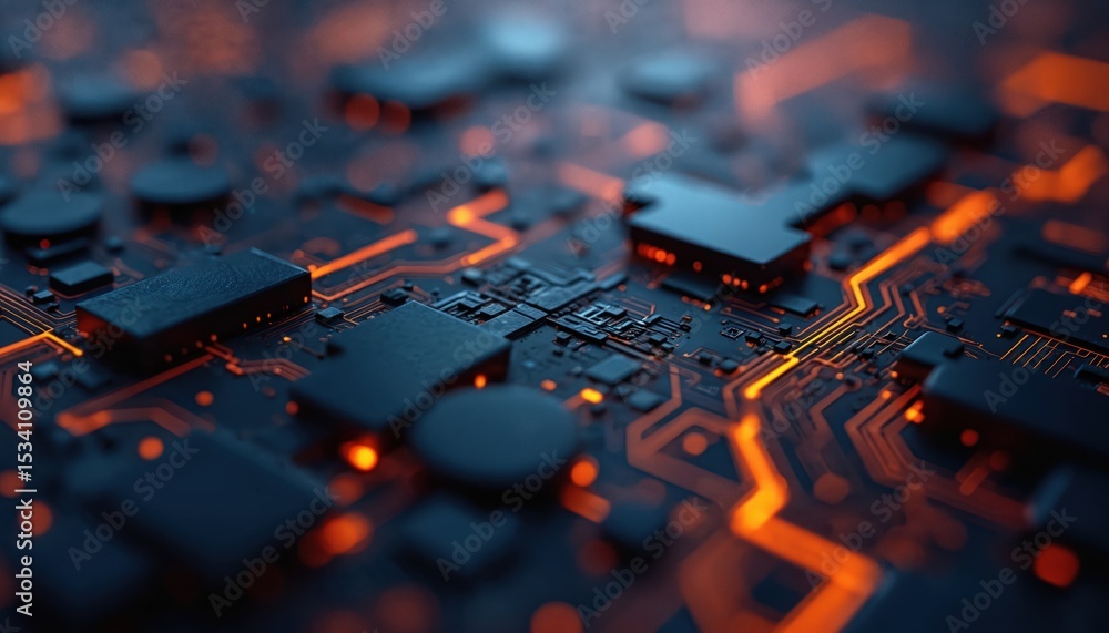 Poster Abstract dark panel with orange glowing circuits. Futuristic tech design, network lines, illuminated electronic elements, power, energy concept. High-tech background, modern digital art, industry, AI.