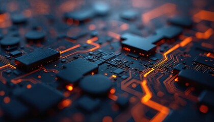 Abstract dark panel with orange glowing circuits. Futuristic tech design, network lines, illuminated electronic elements, power, energy concept. High-tech background, modern digital art, industry, AI.