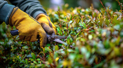 A person trimming a bush with gardening shears wearing yellow work gloves outside