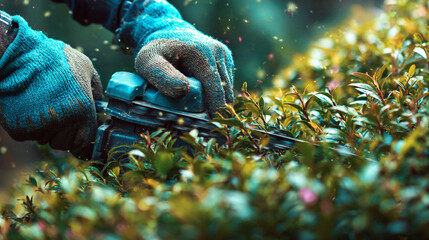 Close up of gloved hands using a hedge trimmer on a green bush in the garden area
