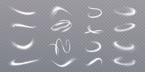Set of bright swirls of light traces from bright shimmer. Bright light effect isolated on transparent background. Vector 10 EPS
