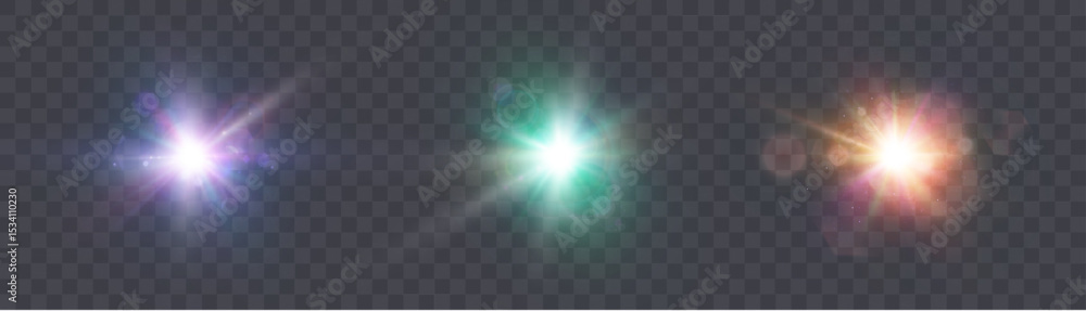 Poster Bright light flashes with rays and glossy glow on transparent background. Lens effect, bright light and diffused rays.