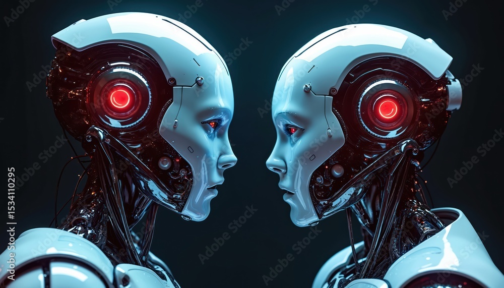 Aufkleber Two futuristic robots face. Advanced AI androids with red glowing eyes, confront futuristic tech. Modern cybernetic faces in profile, technology concept of war partnership. Close-up of sci-fi