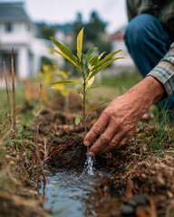 A person planting a small tree sapling with water running nearby in a garden area