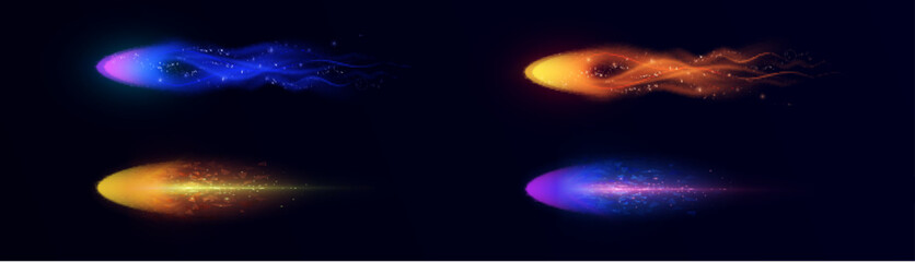 Set of glowing light trails of comet with particles on dark background. Dynamic light effects in purple, blue and yellow-orange tones for futuristic and magical projects.