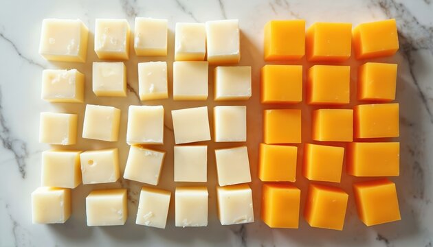 Top-down shot diced cheese cubes. Cheddar, mozzarella varieties. Dairy products. Culinary concept. Ingredient for snack, meal, catering. Served on marble platter for food presentation.