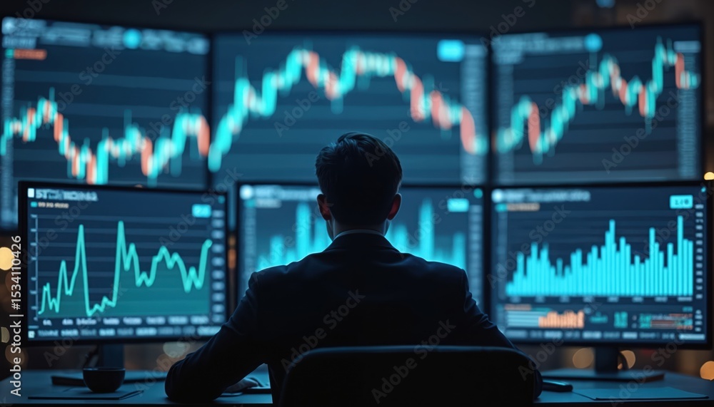 Poster trader analyzes multiple financial charts on large screens. dimly lit room, focused on market trends