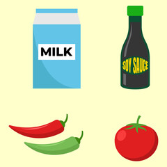 Milk, Soy Sauce, Chili, and Tomato Illustration