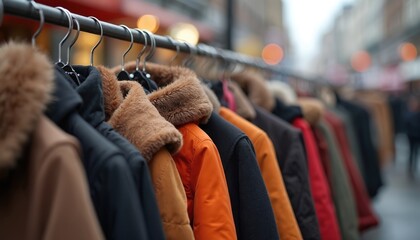 Collection of winter coats hang on rack for sale. Variety of warm clothing donations. Charity event, supporting giving back, helping needy people. Promoting compassion, winter appeal, cold weather.