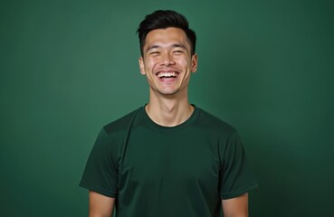 Handsome young man laughs joyfully. Portrait of a smiling male against green background. Happy, cheerful guy wears green t-shirt, looking at camera. Positive emotions, happiness, success, confidence.