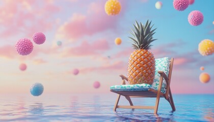 3D Illustration of a Pineapple Relaxing on a Beach Chair Surrounded by Colorful Creatures