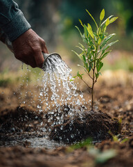 A person watering a newly planted tree with a watering can in a blurred background