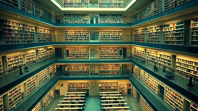 Majestic library interior with multi-tiered bookshelves spanning numerous floors