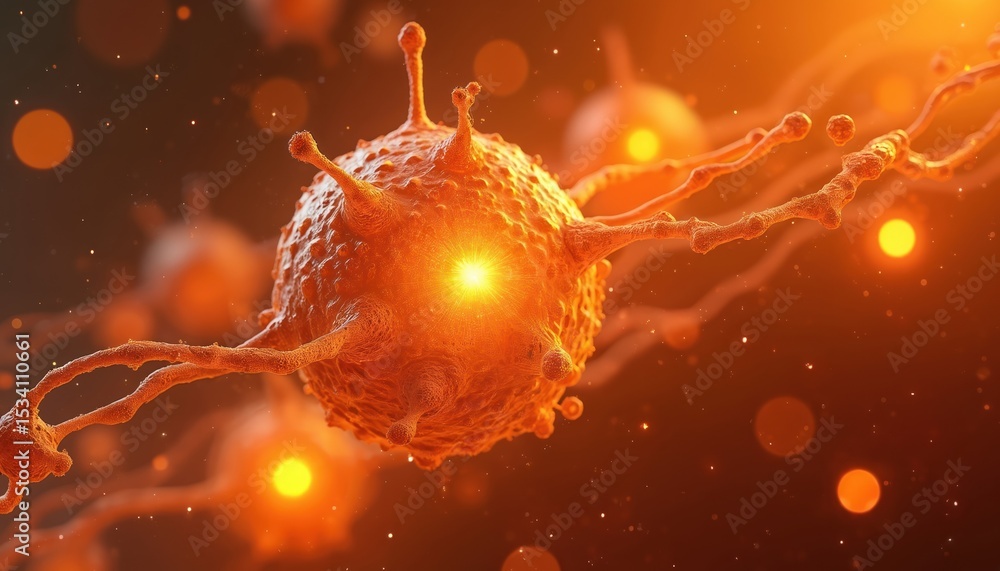 Poster Abstract illustration orange molecular structure bokeh lights. Glowing bright shiny science tech background with atom particle. Dynamic futuristic tech illustration.
