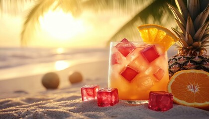 A vibrant tropical drink adorned with pineapple and orange slices on the sandy shores of a beautiful beach
