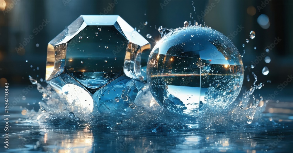 Poster crystal shapes impact water surface. reflections, light play, dynamic splash create beautiful visual