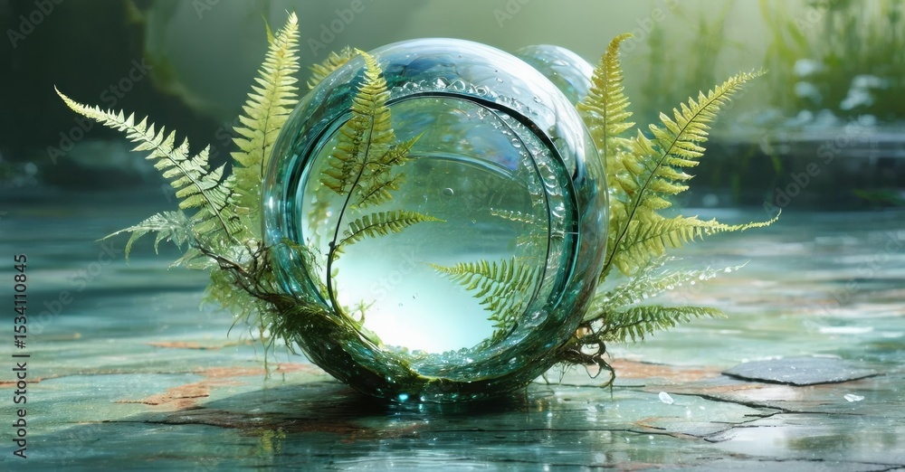 Poster glass sphere surrounded by ferns. wet stone surface reflects light, creating ethereal mood. natures 