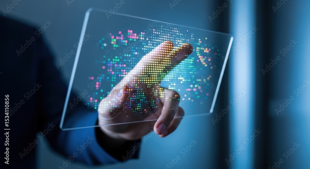 Poster businessman using a transparent touch screen with a digital world map interface. modern technology c
