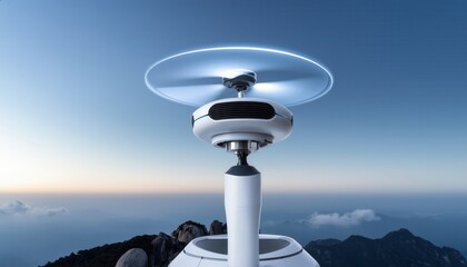 High-Tech Drone with Sleek Design Captured Against a Scenic Mountain Sunset Background