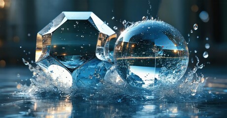 Crystal shapes impact water surface. Reflections, light play, dynamic splash create beautiful visual effect. Cool tones dominate composition.