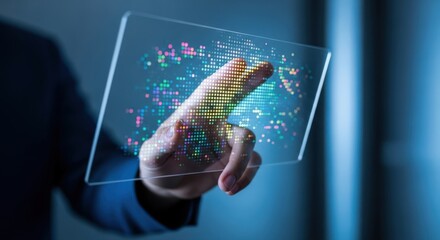Businessman using a transparent touch screen with a digital world map interface. Modern technology concept.
