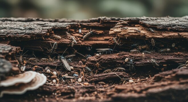 Colony of ants and insects in decaying wood, macro shot. Natural habitat of pests.