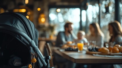 Family enjoying breakfast at restaurant with baby stroller in foreground
