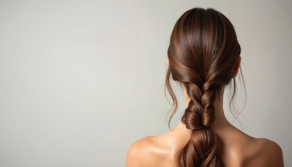 Woman demonstrates perfect healthy hair. Braided brown hair. Style, beauty care, haircare concept. Hair styling treatment for long hair. Healthy shine. Beautiful style for any occasion.