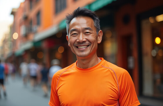 Portrait of smiling Asian man in 40s wearing moisture-wicking running shirt. Vibrant market street background, perfect for active wear tech promotion, fitness, lifestyle articles.