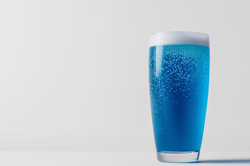 A vibrant blue energy drink in a sleek glass, effervescent bubbles rising inside, surrounded by minimal white space.