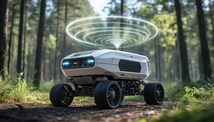 Futuristic Robotic Vehicle in Forest with Communication Waves and Lush Green Background