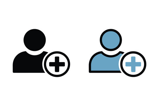 Add Friend Icon Set in Black and Blue Minimalist Style. Add user icon black and blue variations