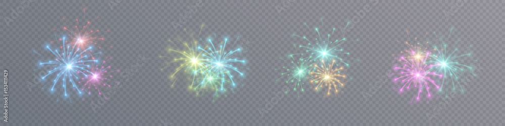 Poster Colorful glowing fireworks with bright flashes on transparent background. Dynamic elements for festive design, greeting banners and visualization of special effects. Vector