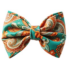 A teal and orange paisley patterned headband, tied in a bow, isolated on transparent background
