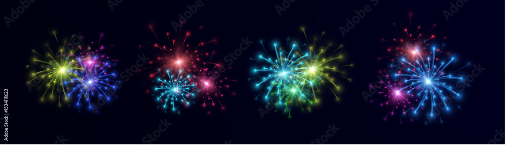Poster colorful glowing fireworks with bright flashes on a dark background. dynamic elements for holiday de