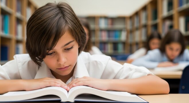 Boy reading a book in a library with other students, focusing on education and knowledge.