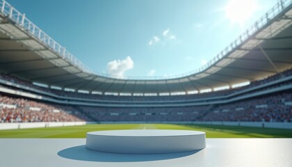 Empty podium product presentation at football stadium, arena. Blank white platform on green field, audience seating, bright sunny sky. Sport event advertising, product display mock-up.