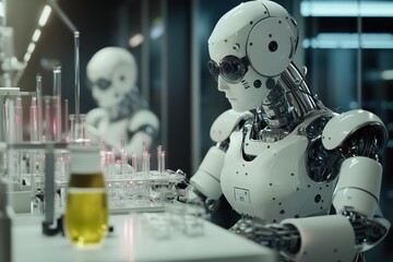 Fototapeta premium AI lab helpers, robots doing science work in the lab.