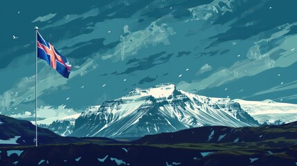 Icelandic national day celebration with flag and majestic mountain landscape. Horizontal banner. Copy space. Mountains and flag of Iceland.