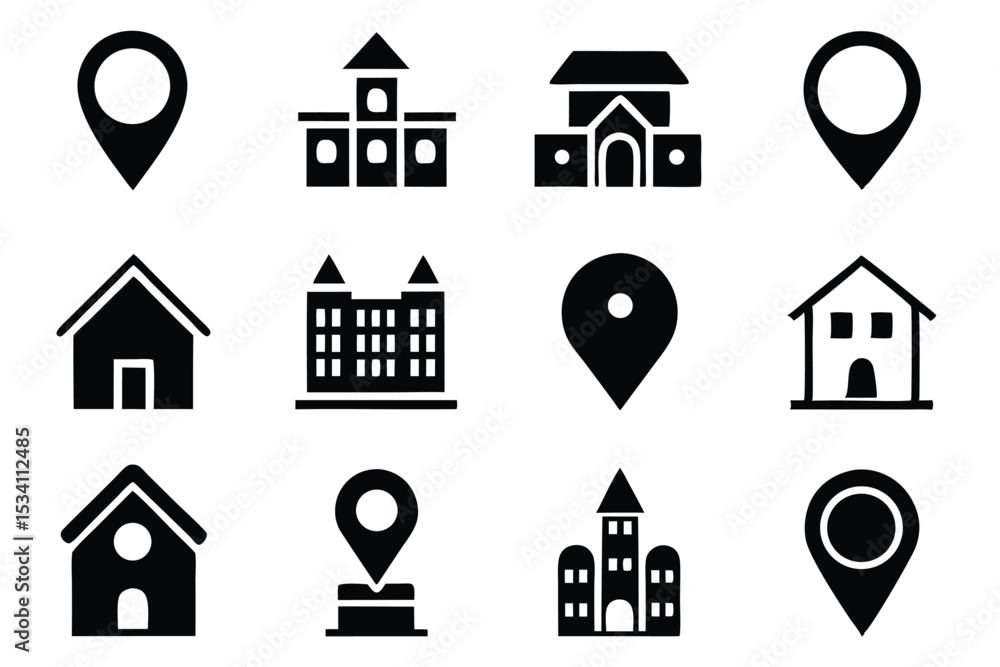 Poster black and white collection of location pointers and architectural building icons