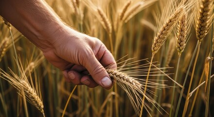 Farmer hand inspecting ripe wheat ears in field. Agriculture and harvest concept. Close up.