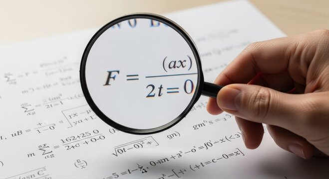 Hand holding magnifying glass over sheet with mathematical equation. Concept, science.