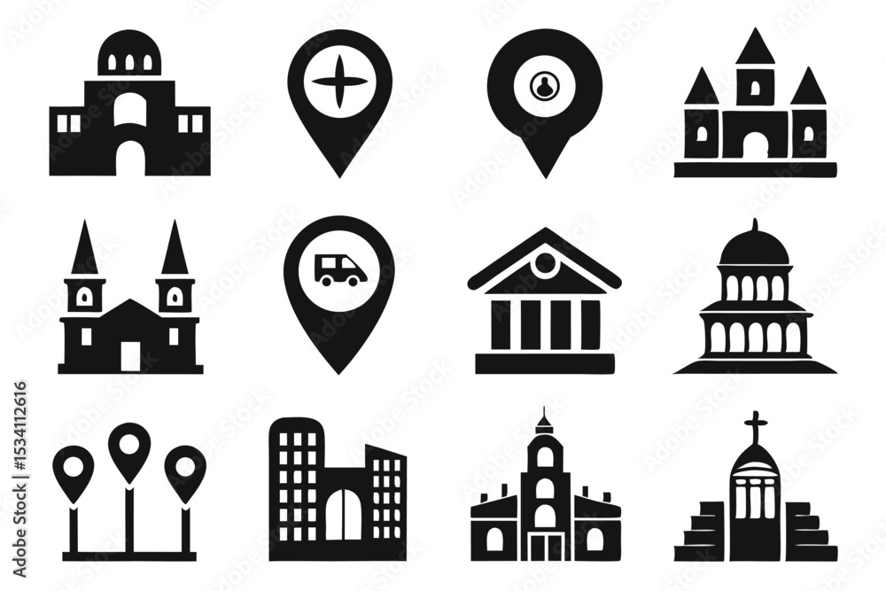 Poster collection of black and white building icons for navigation and location concepts