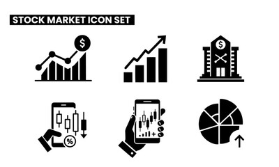 Stock Market Charts and Mobile Trading Icons. Monochrome icons depicting stock market trends, banking, and mobile trading interfaces.