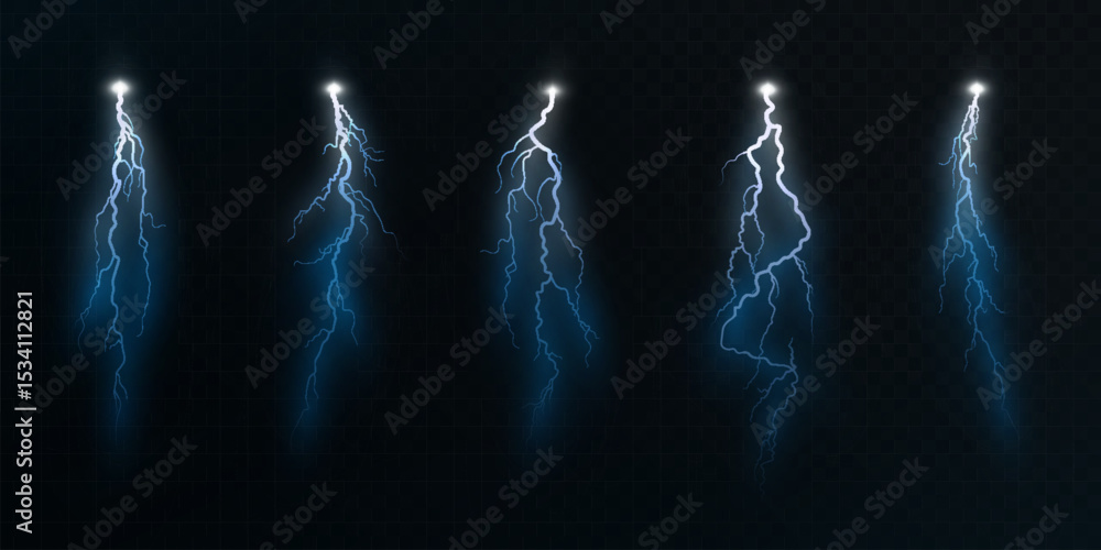 Aufkleber Set of blue vertical lightning bolts with branches on transparent background. Electrical flashes of different shapes for game interfaces, visual effects, clips and scientific graphics.
