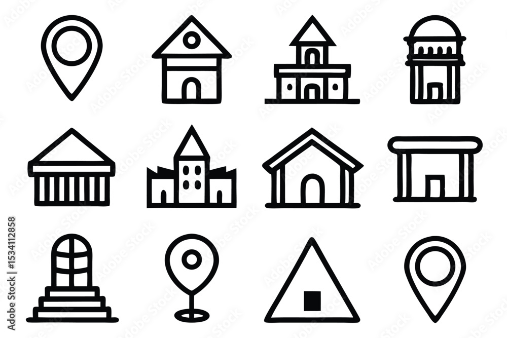 Poster collection of minimalist outlined building and location icons for architectural and navigation proje