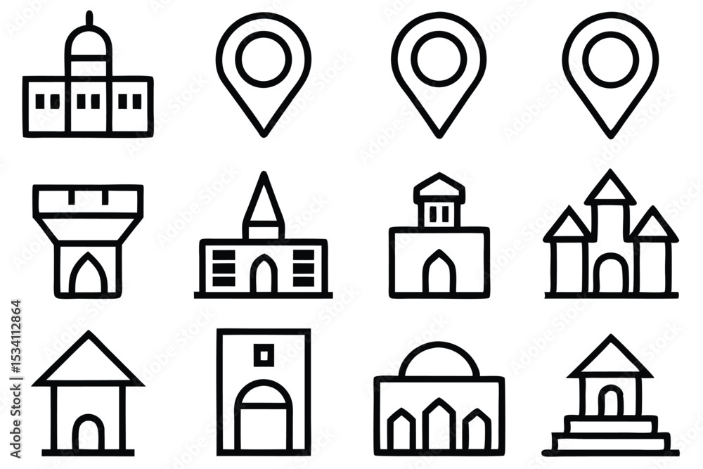 Poster collection of outline style building and location pin icons suitable for infographics and design