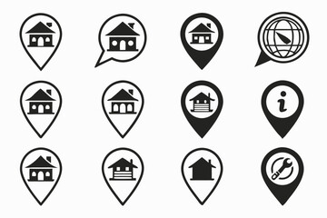 Collection of minimalist house location icons illustrating real estate or navigation concepts